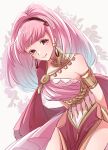  1girl armlet black_hairband closed_mouth commentary dancer_(three_houses) dress earrings fire_emblem fire_emblem:_three_houses hairband head_tilt highres hilda_valentine_goneril hoop_earrings jewelry long_hair looking_at_viewer official_alternate_costume pelvic_curtain pink_dress pink_eyes pink_hair single_bare_shoulder smile solo twitter_username very_long_hair yutohiroya 