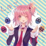  1girl black_jacket blazer collared_shirt dia_(shugo_chara!) egg heart&#039;s_egg_(shugo_chara!) high_side_ponytail hinamori_amu humpty_lock_(shugo_chara!) jacket jewelry medium_hair miki_(shugo_chara!) necklace necktie one_eye_closed open_mouth pink_hair ran_(shugo_chara!) red_armband red_necktie school_uniform seiyo_academy_school_uniform shirt shugo_chara! smile solo suu_(shugo_chara!) waka_ryou white_shirt yellow_eyes 