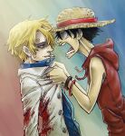  2boys angry black_hair blonde_hair blood blood_on_clothes cigarette curly_eyebrows grabbing hat holding holding_clothes looking_at_another male_focus monkey_d._luffy multiple_boys one_piece open_mouth sanji_(one_piece) scar scar_on_cheek scar_on_face screaming short_hair straw_hat syb 