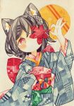  1girl absurdres animal_ear_fluff animal_ears arm_up autumn blush bright_pupils brown_hair cat_ears circle closed_mouth commentary_request cowboy_shot flower-shaped_pupils grey_kimono hands_up highres holding holding_leaf japanese_clothes kimono layered_clothes layered_kimono leaf long_sleeves looking_at_viewer lupin_strawberry medium_hair obi obiage obijime one_eye_covered original painting_(medium) patterned_clothing patterned_hair pink_kimono red_eyes red_sash sash solo symbol-shaped_pupils traditional_media watercolor_(medium) white_pupils wide_sleeves 