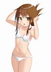  1girl amano_miyako blush bow bow_bra bra breasts brown_eyes brown_hair chestnut_mouth collarbone commentary_request hair_bun hand_in_own_hair inazuma_(kancolle) kantai_collection looking_at_viewer navel panties simple_background single_hair_bun small_breasts solo underwear underwear_only white_background white_bra white_panties 