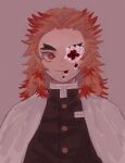  1boy absurdres blood_on_flower buttons cherry_blossoms closed_mouth demon_slayer_uniform flower flower_in_eye haori highres japanese_clothes kimetsu_no_yaiba long_hair looking_at_viewer male_focus mari-rui0913 orange_eyes petals_in_mouth red_hair rengoku_kyoujurou solo symbol_in_eye thick_eyebrows upper_body white_flower 