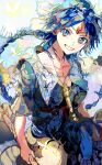  1boy absurdres aladdin_(magi) blue_eyes blue_hair blue_robe braid flute forehead_jewel gem highres instrument looking_at_viewer magi_the_labyrinth_of_magic male_focus open_mouth patterned_clothing patterned_hair red_gemstone robe single_braid smile solo wand yadu_nadu 