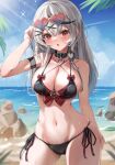  1girl :o absurdres beach bikini black_bikini black_collar black_hair blue_sky braid breasts cloud collar collarbone day eyewear_on_head grey_hair hair_ornament heart heart-shaped_eyewear heart_collar highres hololive keesuke_(kkosyoku) large_breasts long_hair looking_at_viewer multicolored_hair ocean outdoors red_eyes sakamata_chloe side-tie_bikini_bottom single_braid sky solo streaked_hair sunglasses swimsuit virtual_youtuber wet x_hair_ornament 