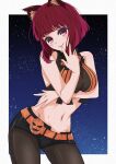  1girl animal animal_ears arima_kana bare_arms bob_cut closed_mouth halloween highres inverted_bob kuroudo_(mst06738124mst) light_blush looking_at_viewer navel night night_sky oshi_no_ko red_eyes red_hair short_hair sky smile solo wolf_ears 