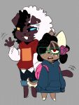  4_fingers anthro backpack black_coded black_hair bottomwear brown_body brown_fur canid canine canis clothing dedoggyskullz digital_drawing_(artwork) digital_media_(artwork) domestic_dog duo ear_piercing eyewear fingers floppy_ears fur gesture girly glasses hair headphones heterochromia male_(lore) mammal multicolored_hair narrowed_eyes pants piercing shirt smile standing sweater topwear two_tone_hair waving waving_hand young 