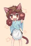  1other androgynous animal_ear_fluff animal_ears animal_hands apron blue_kimono brown_headwear cat_day cat_ears cat_tail fangs frilled_apron frills gloves grey_skirt hakama hakama_short_skirt hakama_skirt heart helmet highres japanese_clothes katano_sukune kimono len&#039;en light_brown_background long_sleeves open_mouth paw_gloves paw_pose red_eyes red_gloves red_hair red_tail short_hair skirt smile tail v-shaped_eyebrows waist_apron white_apron wide_sleeves yuejiao_tuan 