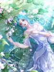  1girl absurdres artist_request bare_shoulders blue_eyes blue_hair branch butterfly_hair_ornament clenched_hand closed_mouth douluo_dalu dress flower hair_flower hair_ornament highres jewelry lily_pad long_hair lotus necklace petals ripples second-party_source solo tang_wutong_(douluo_dalu) upper_body water white_dress 