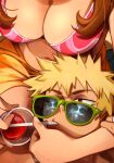  1boy 1girl absurdres bakugou_katsuki bikini blonde_hair boku_no_hero_academia breasts brown_hair character_request check_character cleavage copyright_request cup doctor drink drinking_straw drinking_straw_in_mouth english_commentary head_out_of_frame highres holding holding_cup khyle. large_breasts looking_up medium_hair navel pink_bikini red_eyes reflection short_hair solo_focus spiked_hair sunglasses swimsuit uraraka_ochako 