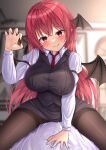  1boy 1girl :q bangs bat_wings blurry blurry_background blush breasts claw_pose fingernails hand_up head_wings highres indoors koakuma large_breasts long_hair looking_at_viewer necktie pantyhose pink_eyes pov red_hair red_necktie reijing_etrn solo_focus tongue tongue_out touhou very_long_hair wings 