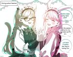  2girls absurdres aia_amare animal_ears blush cat_ears cat_tail closed_eyes commentary edogawa_kigoro english_commentary english_text fake_animal_ears fake_tail glasses hair_down highres long_hair maid maid_headdress maria_marionette multiple_girls nijisanji nijisanji_en rabbit_ears rabbit_tail speech_bubble swept_bangs tail 
