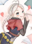  1girl ahoge belt black_bridal_gauntlets blue_eyes braid capelet commentary_request fire_emblem fire_emblem_fates hairband harness heart heart_ahoge highres hood hood_down hooded_capelet low_twin_braids nina_(fire_emblem) red_capelet sakura_no_yoru twin_braids white_hair 