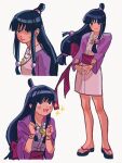  1girl ace_attorney black_eyes black_hair blunt_bangs blush closed_mouth commentary_request excited full_body hair_ornament half-closed_eyes half_updo hands_up hanten_(clothes) highres jacket japanese_clothes jewelry kimono long_hair long_sleeves looking_at_viewer magatama magatama_necklace maya_fey multiple_views necklace obi open_mouth own_hands_together parted_bangs purple_jacket sash shaded_face short_kimono sidelocks smile sparkle standing stretching sweatdrop wata_(watatwo) white_background white_kimono 