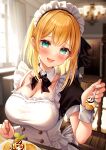  1girl absurdres black_ribbon blonde_hair blue_eyes blush breasts cleavage curtains door feeding food fork hair_ribbon happy highres holding holding_fork kuro_namako maid maid_headdress original pink_nails ribbon short_hair window 