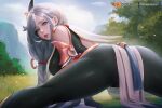  1girl black_bodysuit blue_eyes bodysuit braid braided_ponytail breast_curtain breasts genshin_impact grey_hair hair_ornament hair_over_one_eye large_breasts long_hair looking_at_viewer outdoors shenhe_(genshin_impact) solo tassel turewindwalker very_long_hair white_hair 