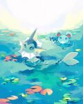  afloat animal_focus black_eyes blue_skin closed_mouth colored_skin fins forked_tail head_fins highres lily_pad marill merino_(merino_9999) no_humans pokemon pokemon_(creature) tail vaporeon 