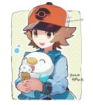  1boy :d blue_jacket border brown_eyes brown_hair food happy hat hilbert_(pokemon) holding holding_pokemon ice_cream jacket long_sleeves male_focus musical_note nao_(naaa_195) open_mouth orange_headwear oshawott pokemon pokemon_(creature) pokemon_(game) pokemon_bw short_hair smile white_border xtransceiver 