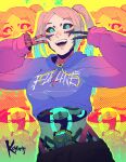  1girl artist_name black_sclera blonde_hair blue_eyes colored_sclera cropped_hoodie cyberpunk_(series) cyborg double_v gradient_hair highres hood hood_down hoodie koyorin long_hair looking_at_viewer mechanical_arms multicolored_hair open_mouth see-through_body solo twintails v 