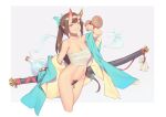  1girl bigrbear breasts brown_hair chest_sarashi collarbone female_pubic_hair grey_background horns large_breasts long_hair looking_at_viewer navel nipples nude oni oni_horns original ponytail pubic_hair sarashi simple_background smile solo 