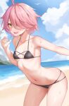  1girl absurdres ahoge beach benghuai_xueyuan bikini black_bikini blue_sky breasts cloud collarbone commentary_request commission hair_over_one_eye hayasaka_(a865675167774) highres honkai_(series) looking_at_viewer navel ocean open_mouth outdoors pink_hair pixiv_commission short_hair sin_mal sky small_breasts solo standing sweat swimsuit teeth upper_teeth_only yellow_eyes 