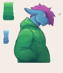  anthro blue_body blue_scales clothed clothing dragon green_clothing green_eyes green_hoodie green_topwear hair half-closed_eyes hand_in_pocket hi_res hoodie jeph_(jephhhad) jephhhad mouth_closed narrowed_eyes pockets purple_hair question_mark scales scalie side_view snout solo topwear 