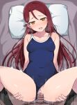  1boy 1girl absurdres black_socks blue_one-piece_swimsuit blush breasts censored covered_navel hair_ornament hairclip hetero highres holding_legs long_hair looking_at_viewer love_live! love_live!_sunshine!! medium_breasts one-piece_swimsuit open_mouth penis red_hair sakurauchi_riko school_swimsuit sex socks solo_focus spread_legs swimsuit thighhighs vaginal wewe yellow_eyes 