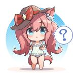  1girl ? agnes_digital_(umamusume) animal_ears bare_shoulders barefoot blue_eyes blush bow brown_headwear chibi commentary covered_navel ear_ornament frills full_body hair_between_eyes hat hat_bow highres horse_ears horse_girl horse_tail long_hair looking_at_viewer multicolored_clothes multicolored_swimsuit no_nose one-piece_swimsuit pink_hair red_bow solo spoken_question_mark standing swimsuit tail thighs triangle_mouth umamusume very_long_hair warashi 