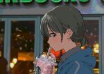  1girl blue_jacket blurry blurry_background brown_eyes coffee collared_shirt commentary_request cup drinking drinking_straw green_hair grey_shirt hand_up highres holding holding_cup hood hood_down idolmaster idolmaster_shiny_colors jacket kakeami light_blush lights looking_at_viewer low_ponytail nanakusa_nichika nape outdoors portrait product_placement profile revision shirt short_hair short_ponytail solo starbucks 