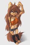  2023 absurd_res anthro apogee_(tinygaypirate) bottomwear breasts canid canine canis claws clothed clothing digital_media_(artwork) domestic_dog feet female female_anthro floppy_ears fur hair hi_res legwear long_hair looking_at_viewer mammal midriff navel paws piercing shirt shorts small_breasts solo spitz tank_top tattoo tinygaypirate toe_claws toes topwear 