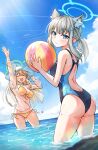  2girls absurdres animal_ear_fluff animal_ears ass ball beachball bikini black_one-piece_swimsuit blonde_hair blue_archive blue_eyes blue_sky breasts cloud competition_swimsuit covered_navel cowboy_shot cross_hair_ornament day dutch_angle extra_ears front-tie_bikini_top front-tie_top grey_hair hair_ornament halo highres holding holding_ball horizon large_breasts long_hair looking_at_viewer looking_back low_ponytail medium_breasts medium_hair mismatched_pupils multicolored_clothes multicolored_swimsuit multiple_girls nonomi_(blue_archive) nonomi_(swimsuit)_(blue_archive) ocean one-piece_swimsuit outdoors see-through see-through_shirt shiroko_(blue_archive) shiroko_(swimsuit)_(blue_archive) shirt side-tie_bikini_bottom sky smile ssalyun swept_bangs swimsuit water white_shirt wolf_ears yellow_bikini 