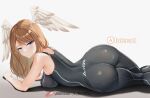  1girl ass black_bodysuit blue_eyes blush bodysuit breasts brown_hair eunie_(xenoblade) head_wings huge_ass large_breasts long_hair looking_at_viewer lying on_stomach patreon_logo smile solo twitter_username white_wings wings xenoblade_chronicles_(series) xenoblade_chronicles_3 z-ki 