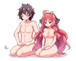  1boy 1girl =_= after_sex ahoge apologizing black_bow black_hair black_ribbon bow braid breasts cleavage closed_eyes collarbone completely_nude couple dracu-riot! full_body hair_bow hair_intakes hair_ribbon hakutocake hands_on_own_thighs hetero highres large_breasts light_blush long_hair looking_afar mutsura_yuuto navel nervous_smile nipples nude open_mouth parted_bangs red_hair ribbon seiza shiny_skin short_hair sidelocks signature simple_background single_braid sitting sketch smile spiked_hair stomach sweatdrop thighs uncensored very_long_hair wavy_hair white_background yarai_miu yellow_eyes 