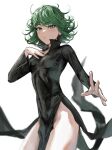  1girl black_dress blush breasts closed_mouth cowboy_shot dress flipped_hair floating_clothes green_eyes green_hair hand_on_own_chest highres long_sleeves no_panties one-punch_man raberu_ruru short_hair small_breasts solo tatsumaki 