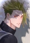  1boy absurdres achilles_(fate) armor bags_under_eyes black_shirt facial_hair fate/apocrypha fate_(series) from_side grey_background haruakira highres looking_at_viewer male_focus orange_eyes parted_lips ribbed_shirt shadow shirt solo stubble turtleneck undercut upper_body 