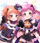  22nekone 2girls :d ahoge alternate_hair_color bare_shoulders bat_wings black_gloves black_jacket black_shorts blush bow breasts brown_eyes brown_hair candy cleavage cropped_jacket demon_horns detached_collar detached_sleeves dress earrings elbow_gloves fake_horns fake_wings fang food gloves grid_background hair_ornament hair_ribbon hakozaki_serika hat horns idolmaster idolmaster_million_live! idolmaster_million_live!_theater_days jacket jewelry long_hair long_sleeves looking_at_viewer mini_hat multiple_girls navel ogami_tamaki one_side_up open_mouth paw_pose pink_background polka_dot polka_dot_dress ribbon shorts small_breasts smile striped striped_background thigh_strap twintails wings 