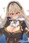  1girl armor armpit_crease ascot blonde_hair blue_cape blush breastplate breasts cape cleavage cleavage_cutout clothing_cutout commentary_request corrin_(female)_(fire_emblem) corrin_(female)_(nohr_noble)_(fire_emblem) corrin_(fire_emblem) embarrassed fire_emblem fire_emblem_fates fire_emblem_heroes gauntlets gem green_gemstone hairband highres karashino large_breasts long_hair looking_down official_alternate_costume pointy_ears red_eyes solo sweatdrop tan tanlines tareme twitter_username upper_body very_long_hair white_background worried 