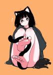  1girl animal_ear_fluff animal_ears barefoot black_cat black_hair black_hoodie blush_stickers cat cat_ears cat_girl cat_tail closed_mouth commentary_request convenient_leg feet full_body grey_eyes hand_on_own_knee hand_up highres hood hood_down hoodie knees_up legs long_hair long_sleeves megateru notice_lines orange_background original puffy_long_sleeves puffy_sleeves simple_background sitting sleeves_past_wrists soles solo tail 