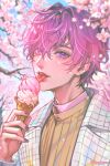  1boy :p branch cherry_blossoms coat cropped_torso eyelashes fingernails food gradient_hair hair_between_eyes happylessor highres holding_ice_cream ice_cream ice_cream_cone licking long_sleeves looking_at_viewer male_focus mole mole_on_neck multicolored_hair nijisanji nijisanji_en pink_hair portrait purple_eyes purple_hair purple_nails short_hair sidelocks solo spring_(season) tongue tongue_out turtleneck twitter_username two-tone_hair uki_violeta white_coat 