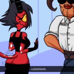  2023 black_hair breasts clothed clothing demon demon_humanoid detailed_background duo female hair helluva_boss hi_res horn humanoid imp kojot male millie_(helluva_boss) public_indecency red_body smile snapchat teeth thick_thighs yellow_sclera 