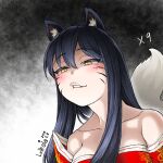  1girl ahri_(league_of_legends) animal_ear_fluff animal_ears artist_name bare_shoulders biting black_hair blush breasts collarbone dated facial_mark fox_ears fox_tail grey_background large_breasts league_of_legends lip_biting lolboja long_hair smug tail teeth whisker_markings white_background 