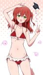  1girl :d absurdres arm_up armpits bare_arms bare_shoulders barefoot bikini blush bocchi_the_rock! collarbone commentary cowboy_shot dot_nose double_v eggman_(pixiv28975023) flat_chest frilled_bikini frills front-tie_bikini_top front-tie_top green_eyes hair_between_eyes halftone halftone_background hand_up hat highleg highleg_bikini highres kita_ikuyo layered_bikini leg_up long_hair looking_at_viewer mortarboard navel one_side_up open_mouth red_bikini red_eyes red_hair side-tie_bikini_bottom smile solo stomach swimsuit translation_request v v_over_head white_background 