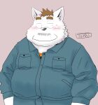  2023 anthro belly big_belly black_nose blush bottomwear canid canine canis clothing domestic_dog kemono male mammal overweight overweight_male pants shirt simple_background solo topwear toshi_(artist) 