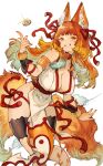  1girl animal_ears arm_cuffs blunt_bangs breasts cleavage coin cropped_legs extra_tails fox_ears fox_tail grin hair_ribbon highres kemomin_nosuke large_breasts looking_at_viewer multicolored_hair orange_eyes orange_hair orange_nails original pelvic_curtain ribbon robe sidelocks smile tail thigh_strap waist_cape white_background white_hair white_robe wrist_cuffs 