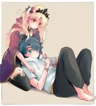  1boy 1girl azumi_(myameco) black_hair black_pants black_thighhighs blonde_hair blue_eyes cape cellphone command_spell commentary_request ereshkigal_(fate) fate/grand_order fate_(series) fujimaru_ritsuka_(male) grey_background hair_ribbon holding holding_phone long_hair pants phone red_cape red_eyes ribbon simple_background thighhighs tiara 