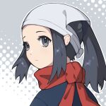  1girl akari_(pokemon) black_hair closed_mouth commentary_request eyelashes grey_background grey_eyes grey_jacket head_scarf jacket long_hair looking_to_the_side pokemon pokemon_(game) pokemon_legends:_arceus ponytail portrait red_scarf scarf shiomipon sidelocks solo white_headwear 