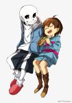  1boy 1other =_= ahoge black_sclera black_shorts blue_jacket blue_shorts blue_sweater boots brown_footwear brown_hair child closed_eyes colored_sclera commentary food frisk_(undertale) from_side full_body grey_background grin hands_in_pockets highres holding holding_food hot_dog invisible_chair jacket knee_boots leg_warmers long_sleeves looking_at_another open_mouth red_footwear sans shirt short_hair shorts side-by-side simple_background sitting skeleton slippers smile sonokare sweater twitter_username undertale white_shirt 