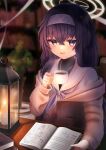  1girl :d absurdres black_eyes black_hair blue_archive blurry book coffee coffee_mug commentary_request cup depth_of_field hair_between_eyes hairband halo highres holding holding_book holding_cup jewelry lantern long_hair long_sleeves looking_at_viewer low_twintails mug necklace night outdoors ribbed_sweater school_uniform serafuku sidelocks smile solo steam suke_(suke_oekaki) sweater turtleneck turtleneck_sweater twintails ui_(blue_archive) 