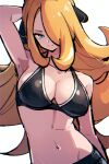  1girl arm_behind_head arm_up armpits black_sports_bra blonde_hair blue_eyes breasts cleavage closed_mouth cowboy_shot cynthia_(pokemon) groin hair_ornament hair_over_one_eye large_breasts long_hair navel pokemon pokemon_dppt rewin_(nobabys_perfect) smile solo sports_bra stomach white_background 