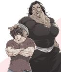  2boys absurdres black_hair black_pants black_shirt blush brown_eyes brown_shirt collarbone crossed_arms father_and_son grappler_baki grey_pants hair_between_eyes hanma_baki hanma_yuujirou headpat highres huge_pectorals looking_down male_focus mole mole_above_mouth moo0n_k multiple_boys muscular muscular_male pants parted_lips pout scar scar_on_arm shirt short_hair smile v-shaped_eyebrows 