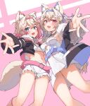  2girls absurdres animal_ear_fluff animal_ears bandaid_hair_ornament belt black_collar blonde_hair blue_eyes blue_hair blue_headband breasts collar dog_ears dog_girl fur-trimmed_jacket fur_trim fuwawa_abyssgard hair_ornament headband headphones headphones_around_neck highres hololive hololive_english jacket long_hair mococo_abyssgard multicolored_hair multiple_girls open_mouth pink_belt pink_eyes pink_hair pink_headband siblings sisters smile streaked_hair trap_(drthumt) twins virtual_youtuber 